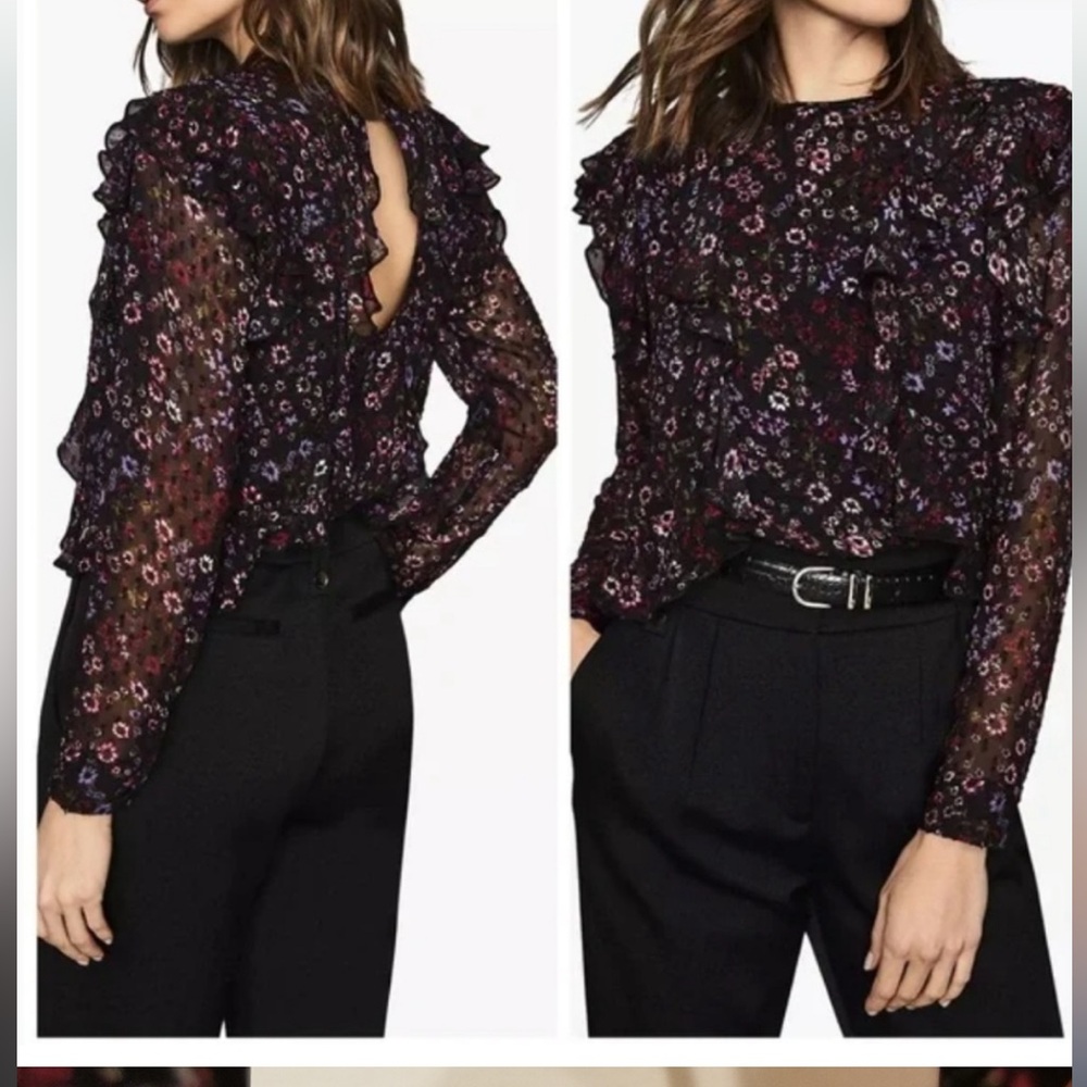 REISS Faiza Floral Ruffle Blouse Black Size 2 NEW with Tags